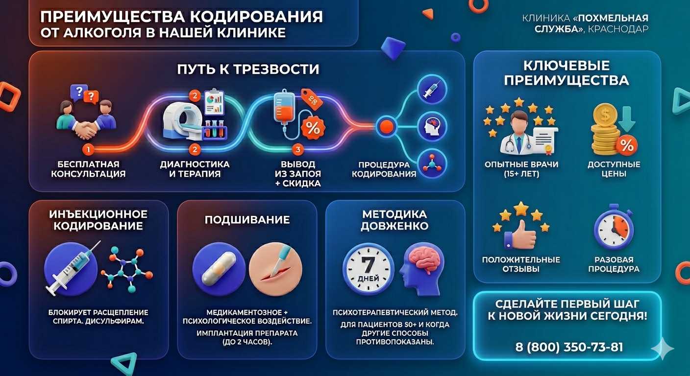 Инфографика о методах кодирования от алкоголя в Брянке: инъекции, подшивание, метод Довженко. Преимущества клиники и этапы лечения.