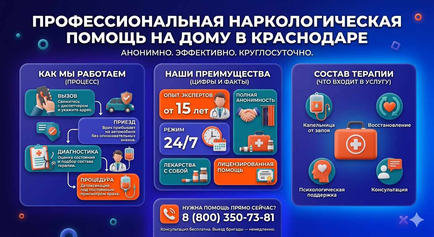 Инфографика о принципах лечения алкоголизма на дому в Брянке: этапы вызова нарколога, преимущества анонимной детоксикации и состав медицинской помощи.
